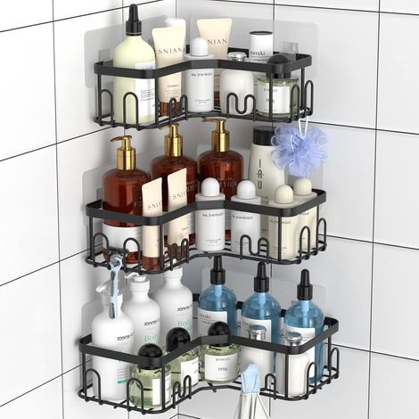 Lot de 3 Étagère de douche, Acier inoxydable, 18 Crochet, Adhésif, Rangement salle de bain (1/5)