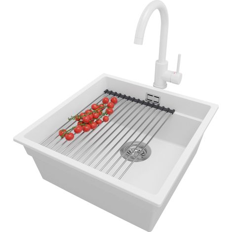 PRIMAGRAN Evier Sous Plan 46x47cm, Evier en Granit 1 bac + Robinet 32x20cm + Kit de Vidage + Égouttoir Enroulable, Évier au meuble 50cm - Prague, Blanc (1/5)