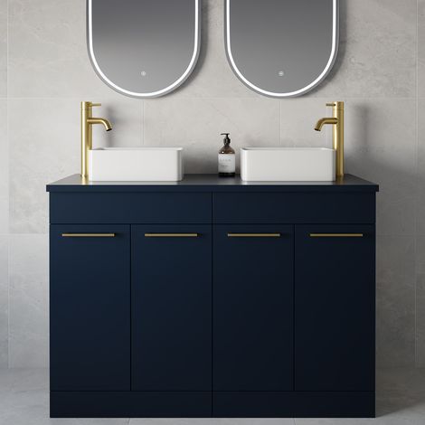 Napoli 460 Deep Blue 1200mm 4 Door Vanity Unit for Countertop Basins - 1200mm - Brushed Brass 160mm Handle