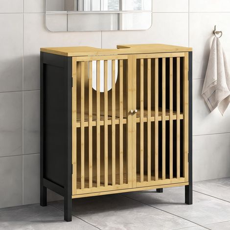 Meuble de salle de bain nero en bambù MDF 60 x 30 x 70 cm (1/5)