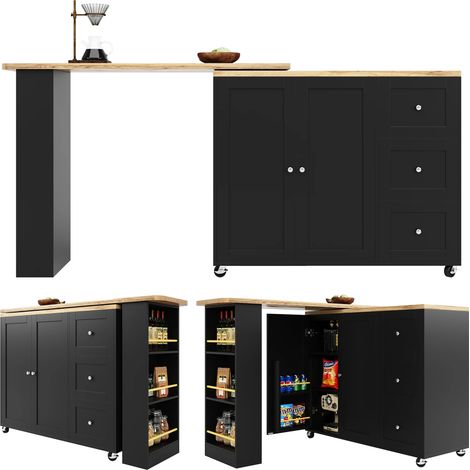 Table Haute Extensible Cuisine,Table à manger sur roulettes,Rotation 360° avec 3 tiroirs & Porte-snacks,135-203×39×106cm,Noir