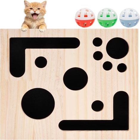 Labyrinthe en bois massif pour chat, griffoir avec papier de verre et clochette (couleur bois) (1/5)