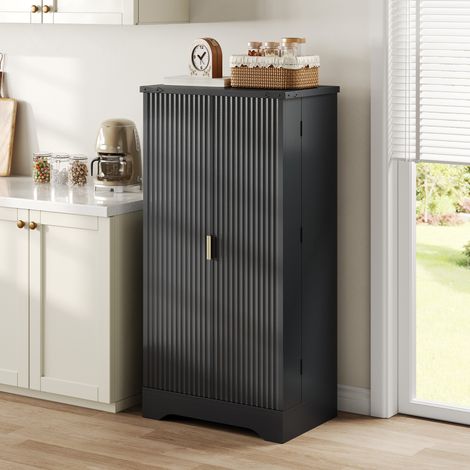 Armoire Haute Cuisine LED Noir 120×60,5×40 cm – 2 Portes + Étagères Réglables + Porte-Épices + Lumière Sensorielle Automatique
