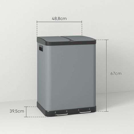 Poubelle à double compartiment, 2 x 30 L, anti-traces de doigts, à pédale, seaux intérieurs amovibles, grise (1/5)