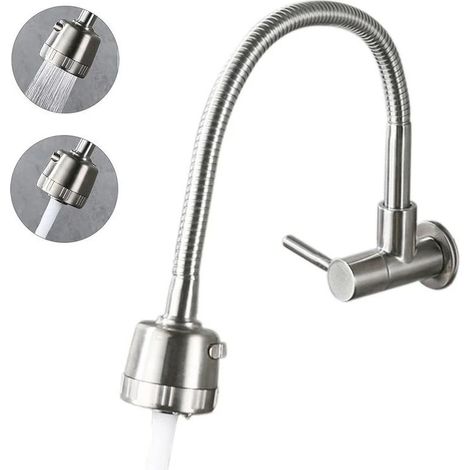 Wall-Mounted Kitchen Faucets 2 Water Modes High Arc Single Handle Bathroom Sink Faucets Stainless Steel Brushed Finished 360 Degree Rotatable Water TapSilver (1/4)