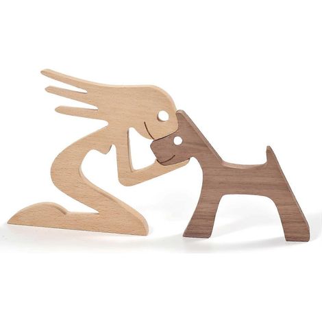 Figurines en bois représentant une famille de chiens et de chats, ornements sculptés en bois représentant une famille de chiots et de chats, chiot et chaton mignons en bois naturel (B06) (1/4)