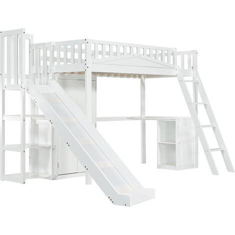 Cama alta infantil blanca 90 x 200 cm con tobogán, escritorio, armario y almacenaje (1/5)