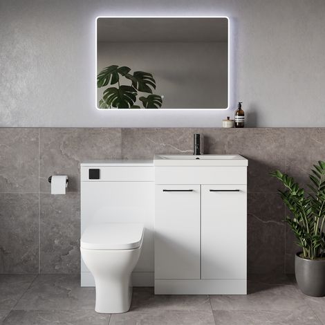 Napoli 390 Gloss White 1100mm 2 Door Vanity Unit Toilet Suite with Glide Basin - 1100mm - Matt Black 160mm HandleWith Kingston Toilet Pan and Seat
