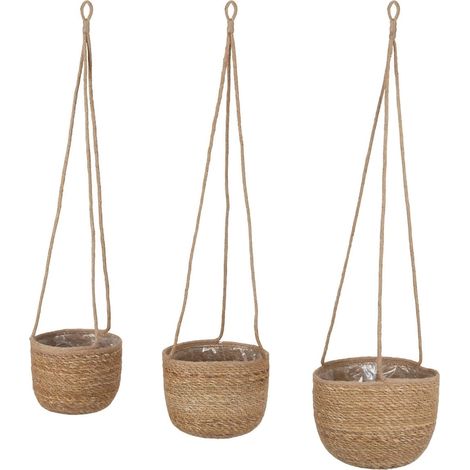 Seegras Blumenampel natur 3er Set - 23 / 20 / 17 cm - Pflanztopf zum Hängen aus Naturmaterial - Hänge Blumentopf Pflanzen Halter mit Innenfolie