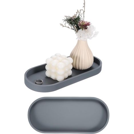 2 Plateau De Salle De Bain en Silicone, 9.8" x 4.3" Plateau Ovale pour Coiffeuse, Toilette, Petit pour Distributeur De Savon Flacons De Lotion Parfum Bijoux Bougie, Gris'-'- (1/5)