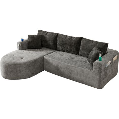 ELVMI Ecksofa In L-Form mit Becherhalter aus Edelstahl und Seitentaschen, aus Stoff, Grau (1/4)