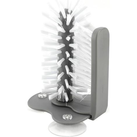 Brosse de nettoyage pour biberons - 14 x 17,5 cm - Gris - Brosse de rinçage pour verres - Avec support pour biberon - PP et PVC - Brosse en verre (1/5)
