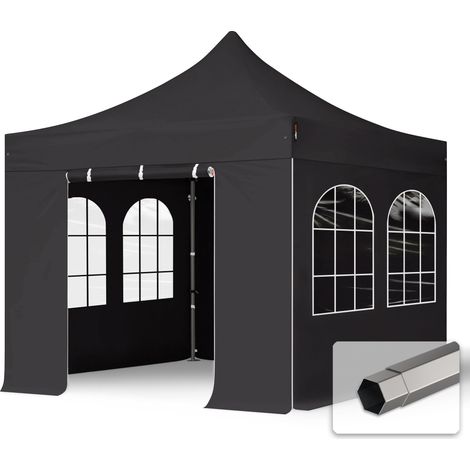 3x3 m Tente pliante - Acier, anti-feu, côtés avec fenêtres, noir