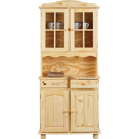 Altobuy – Buffet vaisselier 4 portes 2 tiroirs en pin massif – Finition vernis naturel – Dimensions 88 x 43-32 x H198 cm – Style campagnard