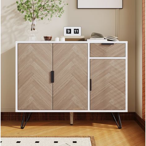 Aparador de MDF y aglomerado blanco y efecto madera, 90 x 30 x 71,5 cm, 3 puertas, 1 cajón y baldas ajustables (1/5)