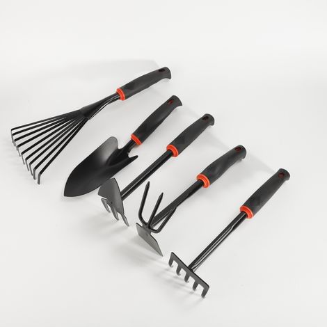 Outils de jardin avec manche en plastique noir, outils de pulvérisation en plastique, deux houes multifonctions, râteaux, pelles, houes d'extérieur et pelles à fleurs.