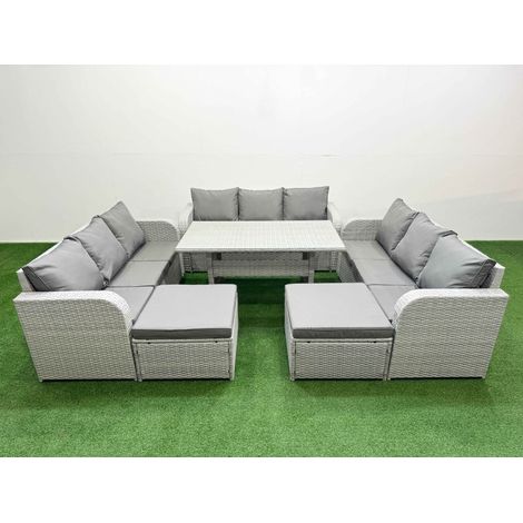 Fimous PE Rattan Lounge Sofa Set 11 Seater Outdoor Garden Furniture Set with Rectangular Dining Table 3 Seater Sofa 2 Big Footstools Light Grey (1/4)