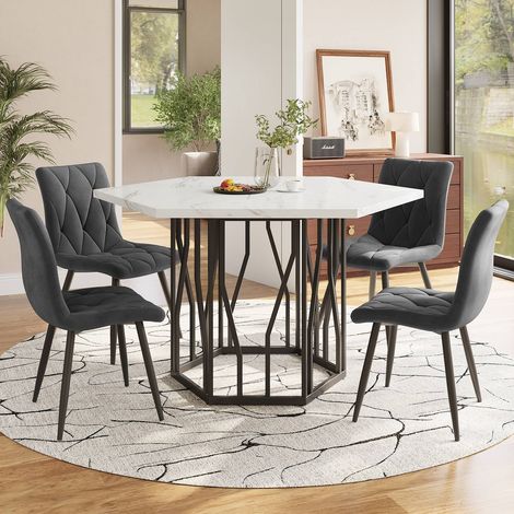 Ensemble de salle à manger avec table hexagonale effet marbre et 4 chaises en velours gris, design moderne et chaleureux pour salle. (1/5)