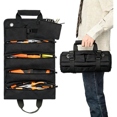 (Noir)Sac à Outils Enroulable, Sac à Outils en Toile, Sac à Outils avec 6 Poches Zippées, Sac Enroulable Multifonctionnel, Adapté aux Électriciens, Plombiers et Techniciens (1/5)