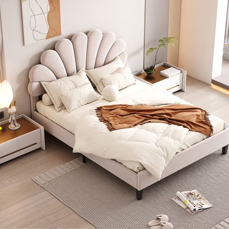 Lit adulte enfant Lit capitonné 140 x 200 cm avec sommier à lattes et tête de lit. velours. beige