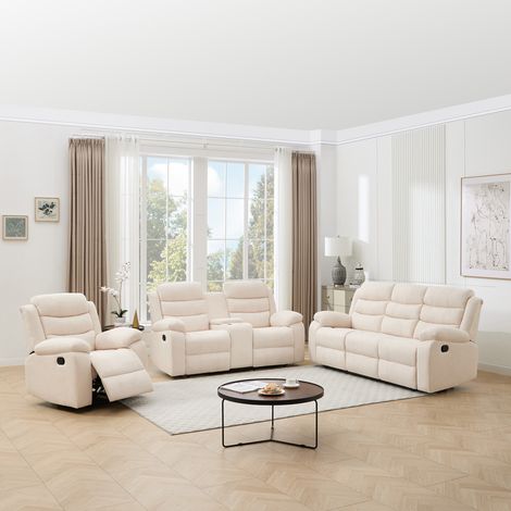 BOSTON 1+2 w CONSOLE+3 SEATER MANUAL FABRIC RECLINER w DRINKS CONSOLE SOFA SET BEIGE (1/5)