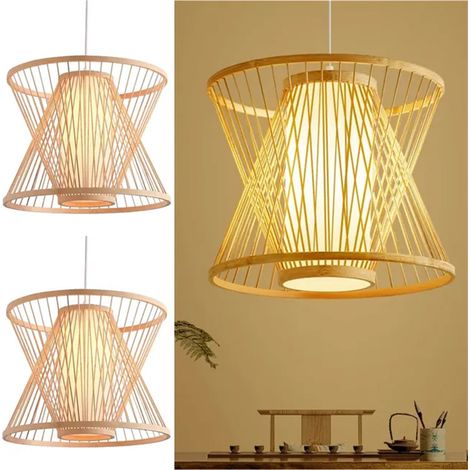 SIENTICE Lot de 2 Lampe Suspendue en Osier "Hinata" – Style Oriental Fait à la Main avec Double Couvercle Floron et Câble Blanc, E27 (1/5)