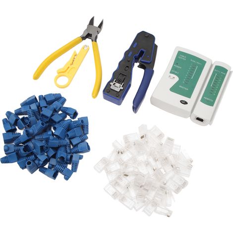 Netzwerkkabeltester RJ45 Crimpzange Crimpwerkzeug-Set Abisolierzange mit 50 Durchgangsverbindern (1/5)