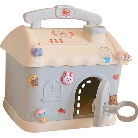 Tirelire Maison avec Serrure Grande Capacité Boîte à Pièces en Plastique Décorative DIY Bleue 17,5x15,5x20cm Cadeau Original (1/5)