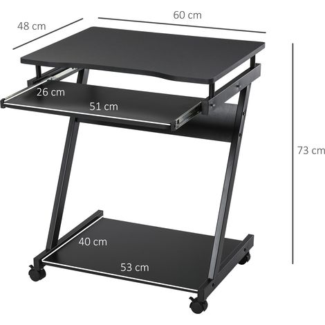 Bureau gain de place avec tablette coulissante pour clavier, 4 roulettes et étagère inférieure, 60 x 48 x 73 cm, noir (1/5)