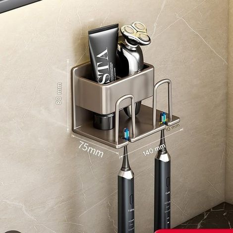royaluxe - Porte-brosse à dents mural double en aluminium, gris pistolet, sans perforation, support pour gobelet de bain de bouche, ensemble de rangement pour sa (1/5)