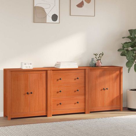Buffet 3 pièces avec tiroirs et portes en pin massif brun ciré, 210 x 35 x 80 cm - PANGIVO (1/5)