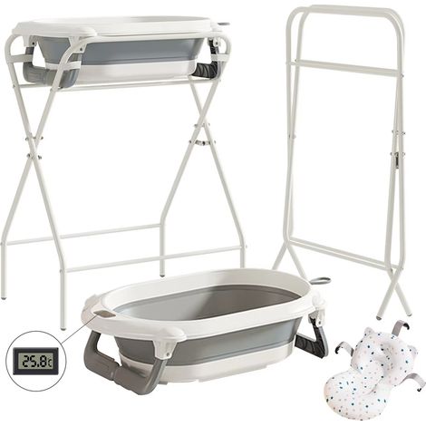 Baignoire pour bébé 3 en 1 avec support, baignoire pliable pour nouveau-né à tout-petit avec thermomètre et oreiller de bain, multifonctionnel, gris (1/5)