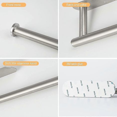 Porte-rouleau de cuisine mural, support de rouleau de papier adhésif à fixer sous un meuble, porte-rouleau de papier en acier inoxydable 304, support de rouleau de papier essuie-tout auto-adhésif (1/5)