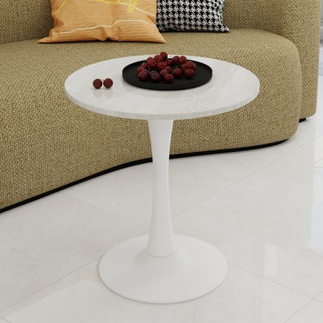 Table basse blanche 70cm, table à manger ronde style vintage moderne, plateau en marbre veiné blanc, pour 2 à 4 personnes, idéale salon et salle à manger. (1/5)