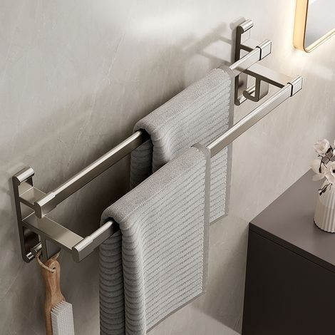 Toallero de Baño Autoadhesivo de Acero Inoxidable SUS304, Barra Toallera Adhesiva para Ducha y Cocina, Barra Toallera Impermeable con Gancho Doble - 40 cm (1/4)