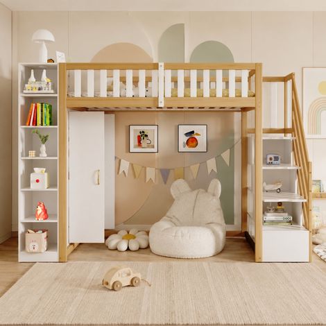 Letto a soppalco 90 x 200 cm con armadio, scaffali e scala con cassetti, bianco e legno REDOM (1/5)