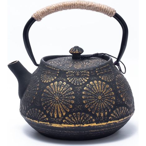 Tetera de hierro fundido, tetera japonesa con infusor para hojas sueltas, tetera de gran capacidad de 1200 ml con diseño Sakura para estufa, interior esmaltado revestido, color negro (1/5)