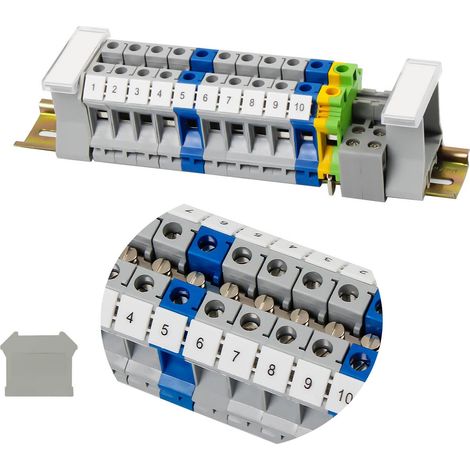 10 Kit Électrique Bornier, Rail Din 20cm, Plastique Cuivre Acier, Gris Bleu Jaune, Automatisation Production (1/5)