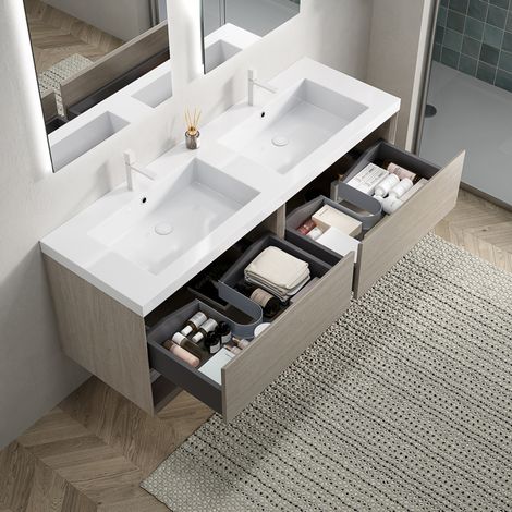 Mobile bagno lavabo 140x46x60 cm, lavabo integrato in resina, 2 cassetti e ripiani, effetto rovere chiaro e bianco (1/5)