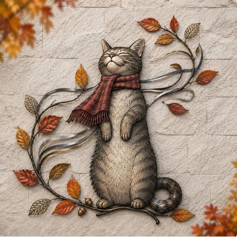 New Acrylic Autumn Cat Metal Wall Decor - Swinging and Standing Cat Design Wall Sticker - Style A - 2020cm