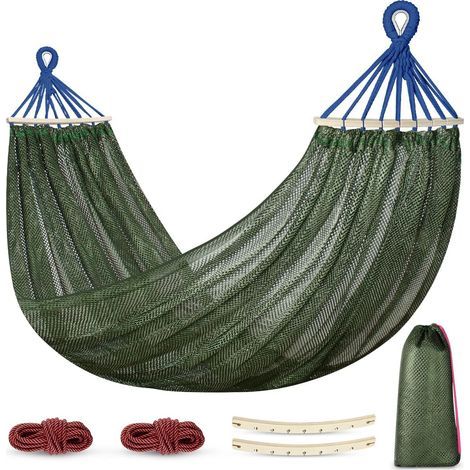 Hamac de camping d'extérieur respirant en nylon en filet avec barres en bois et sac de transport, 290 cm x 150 cm, vert, pour le camping, la plage et le jardin (1/5)