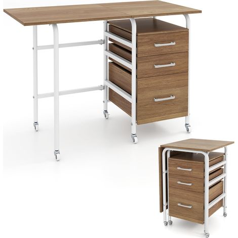 COSTWAY Bureau Pliable avec 3 Tiroirs, Table d'Écriture Roues Verrouillables, Bureau à Domicile Roulant avec Cadre en Métal, Compact pour Dortoir, Appartement (Naturel) (1/5)