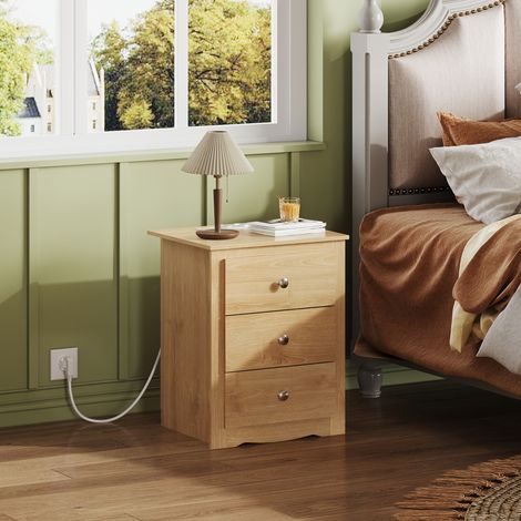 3-Schubladen Nachttisch mit Ladestation, USB-Anschlüssen & Steckdosen, Aufbewahrungstisch für Schlafzimmer, Wohnzimmer, Büro (2, Eiche) (1/5)
