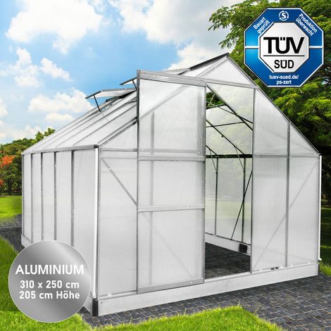 BRAST Gewächshaus Aluminium mit Fundament rostfrei TÜV geprüft 6mm Platten 310x250x205cm Silber (1/5)