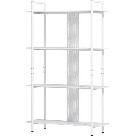 Bibliothèque à 4 niveaux avec panneau perforé et structure métallique, bibliothèque étroite pour chambre ou bureau, blanche (1/5)