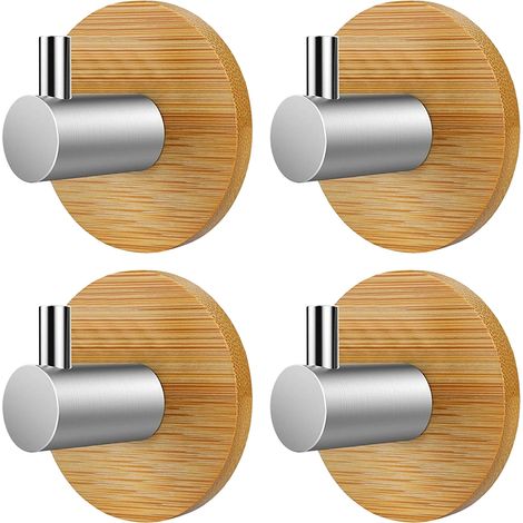 Crochets muraux en bois et bambou, lot de 4, crochets adhésifs, crochets à vêtements en bois, acier inoxydable et bambou, crochets à vêtements auto-adhésifs en bois, aucun perçage requis. (1/5)