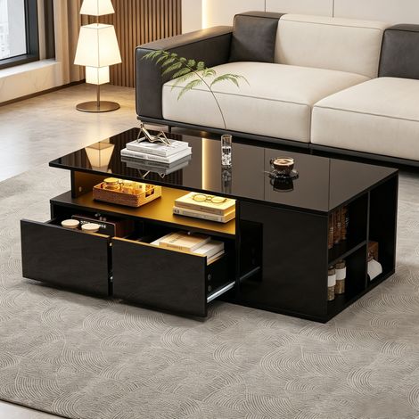 Mesa de centro LED 100 x 50 x 35 cm con 2 cajones, almacenamiento de 3 niveles, negro DESVIAE (1/5)