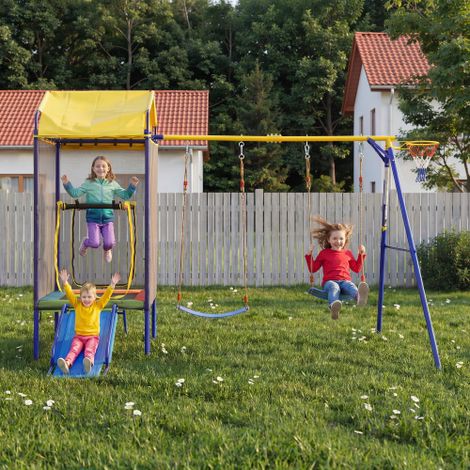 Ensemble de jeu extérieur – Trampoline + balançoire + toboggan + panier basket, filet sécurité, cadre fer robuste, pour jardin