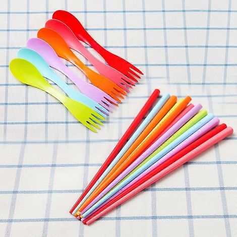 Ensemble de 12 baguettes portables, fourchette créative, couverts de camping arc-en-ciel, cuillère, idéal pour les pique-niques en extérieur. (1/5)