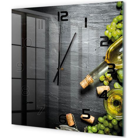 Grande Horloge Murale Carrée pour Cuisine Verre Trempé Silencieuse Décoration Moderne Vin blanc et fruits 60x60 cm (1/5)